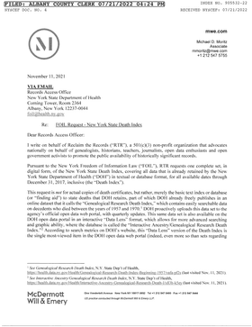 First page of Original FOIL Request to NYS Department of Health