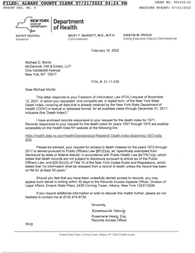 First page of FOIL Denial by NYS Department of Health