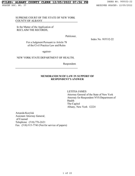 First page of DOH Memorandum of Law